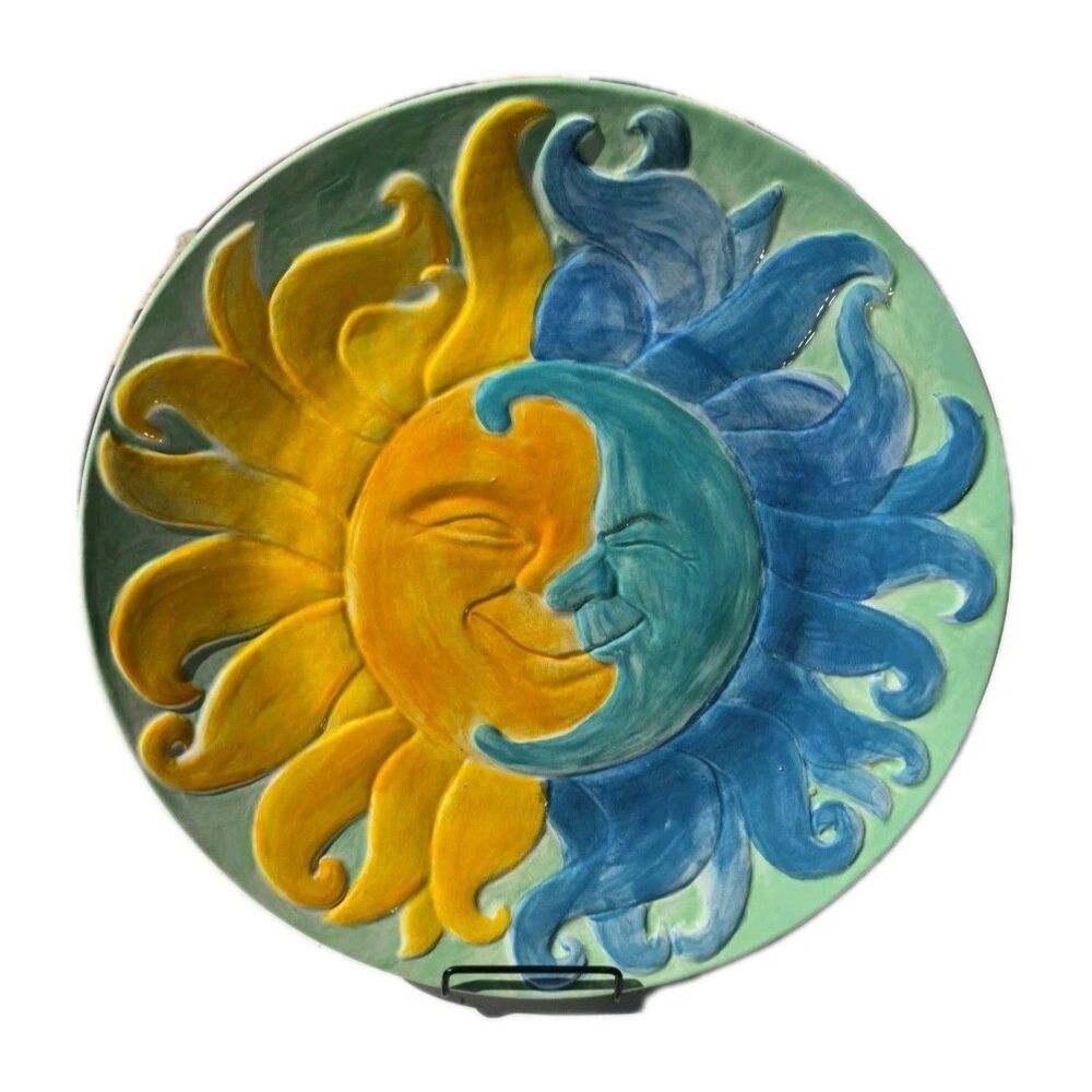 Sun And Moon Decorative Studio Art Plate 13" Artist Signed Blue Yellow Teal